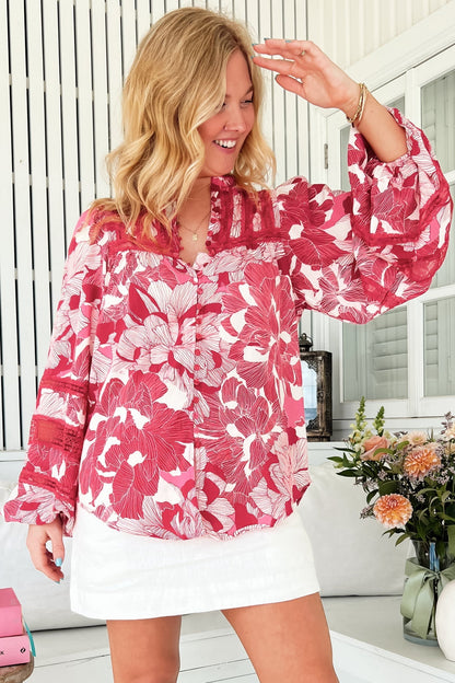 JAASE - Nadia Blouse: Scoop Hem Lace Detailing Button Down in Soulina Print