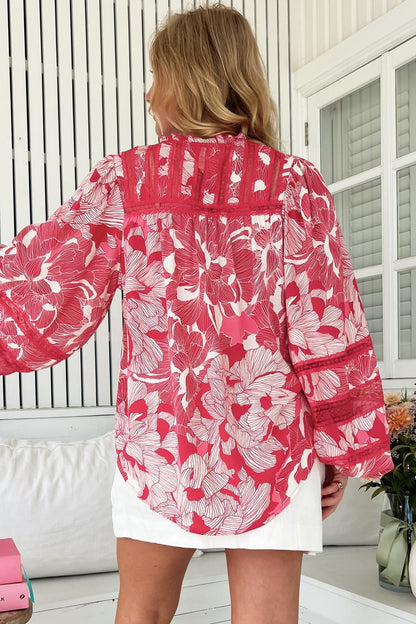 JAASE - Nadia Blouse: Scoop Hem Lace Detailing Button Down in Soulina Print