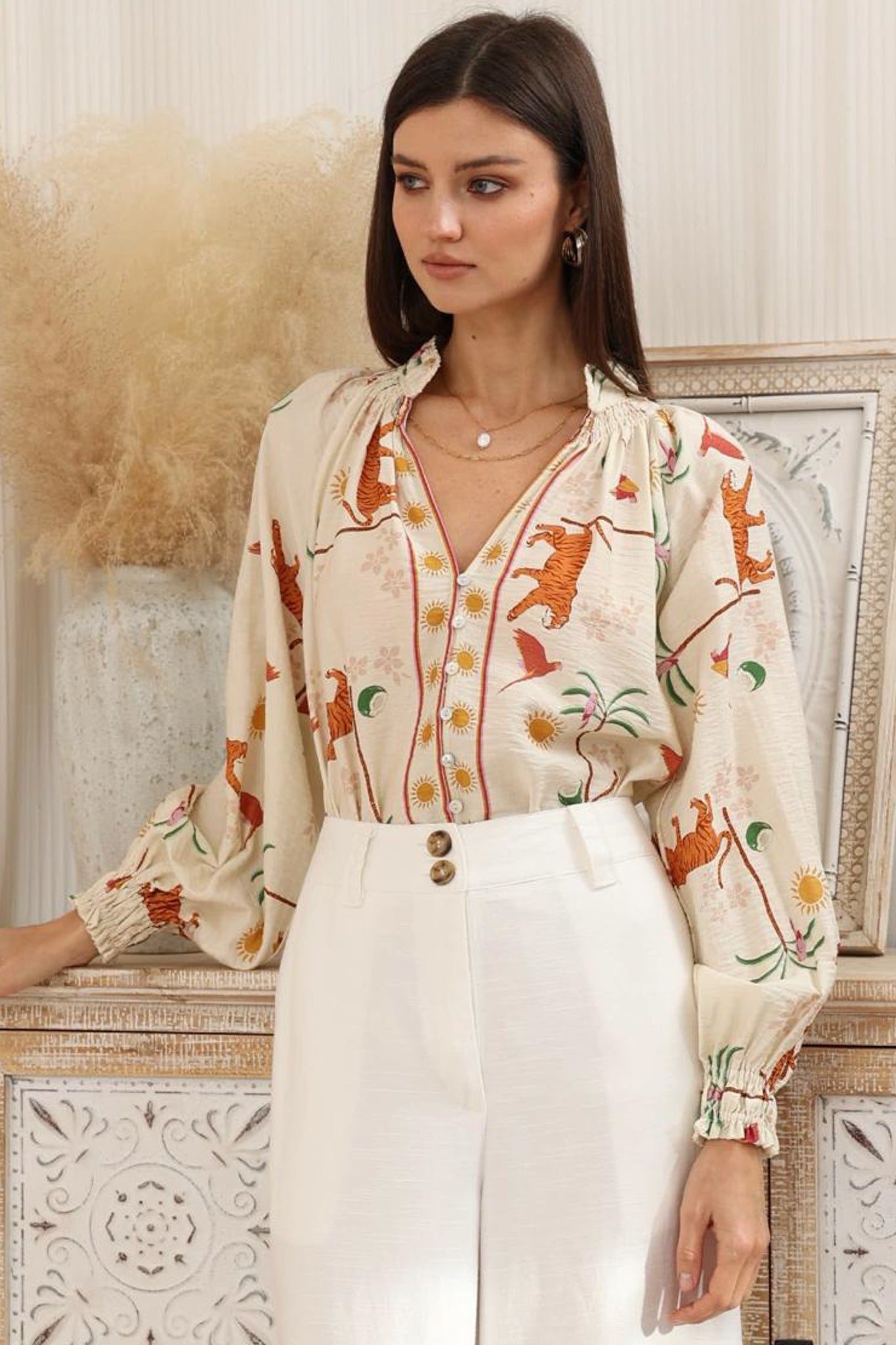 Nora Blouse - High Mandarin Collar Button Down Shirt in Zahra Print