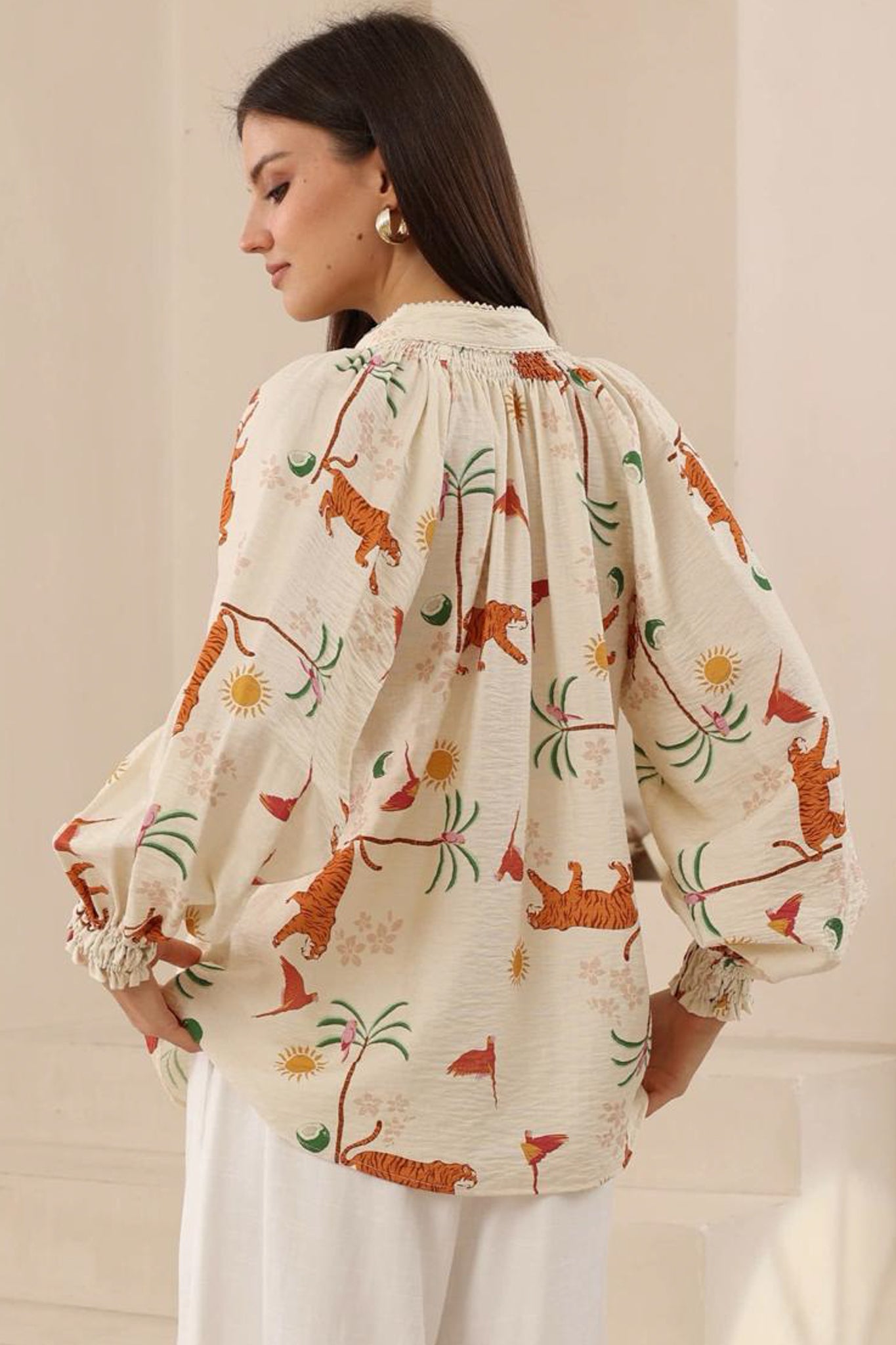 Nora Blouse - High Mandarin Collar Button Down Shirt in Zahra Print