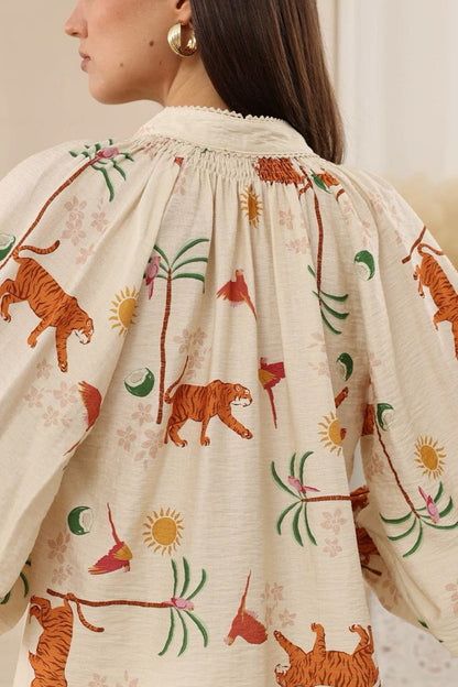 Nora Blouse - High Mandarin Collar Button Down Shirt in Zahra Print