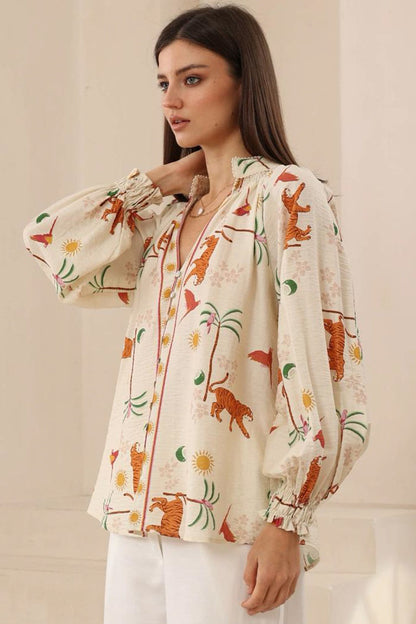 Nora Blouse - High Mandarin Collar Button Down Shirt in Zahra Print