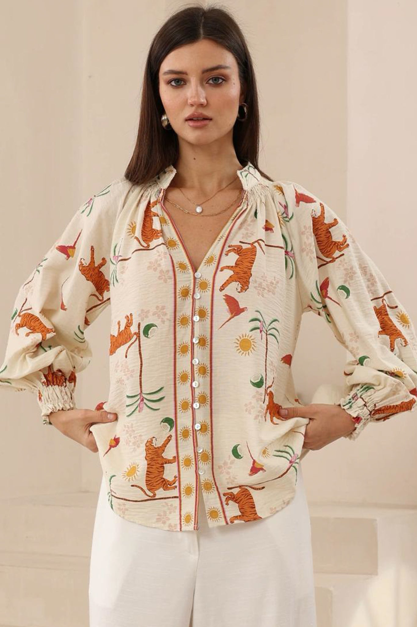 Nora Blouse - High Mandarin Collar Button Down Shirt in Zahra Print