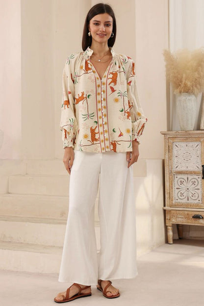 Nora Blouse - High Mandarin Collar Button Down Shirt in Zahra Print
