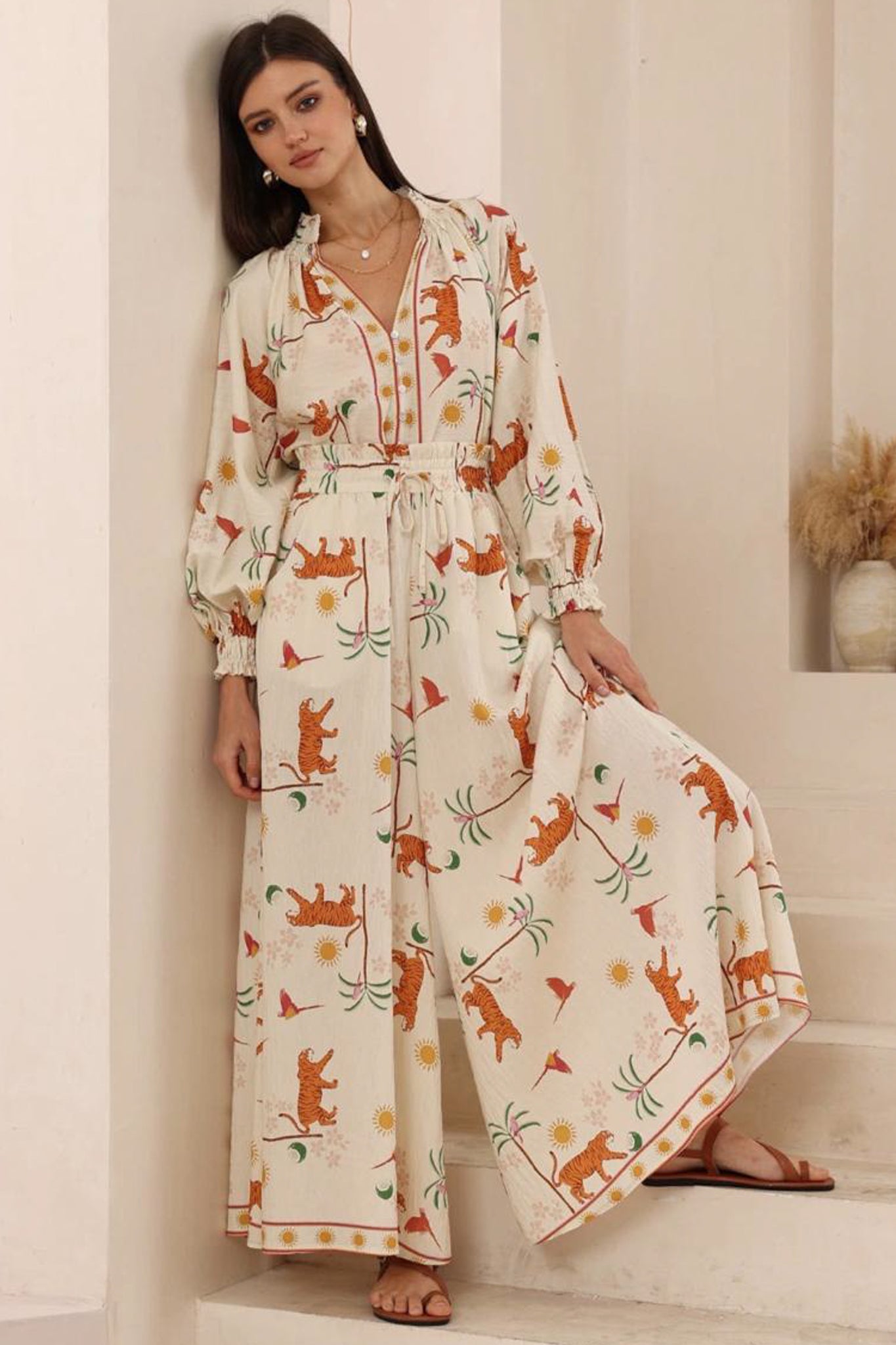 Nora Blouse - High Mandarin Collar Button Down Shirt in Zahra Print