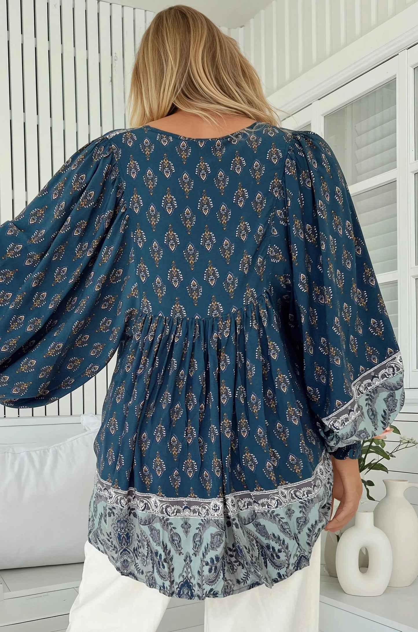 JAASE - Paloma Blouse: V Neckline Smock Top with Billowy Sleeves in Nico Print