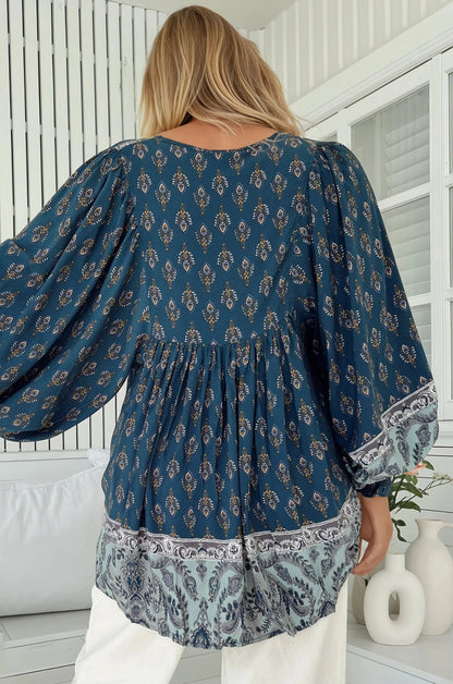 JAASE - Paloma Blouse: V Neckline Smock Top with Billowy Sleeves in Nico Print