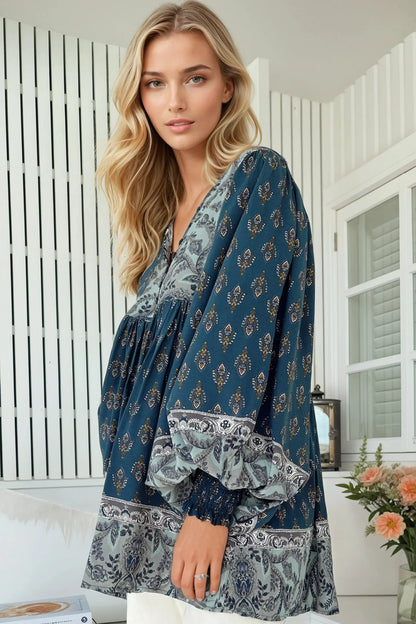 JAASE - Paloma Blouse: V Neckline Smock Top with Billowy Sleeves in Nico Print