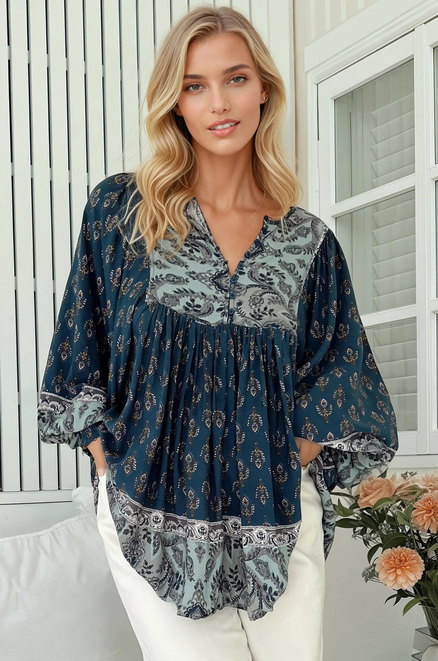 JAASE - Paloma Blouse: V Neckline Smock Top with Billowy Sleeves in Nico Print