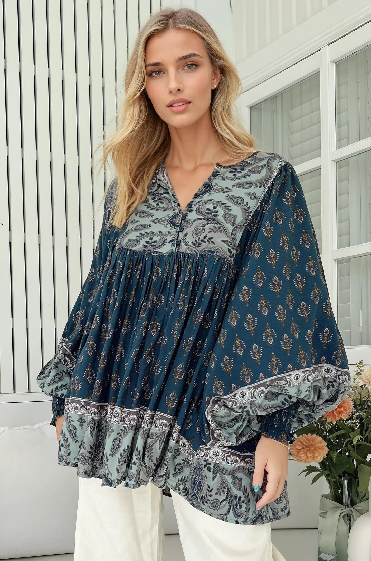 JAASE - Paloma Blouse: V Neckline Smock Top with Billowy Sleeves in Nico Print