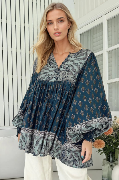 JAASE - Paloma Blouse: V Neckline Smock Top with Billowy Sleeves in Nico Print
