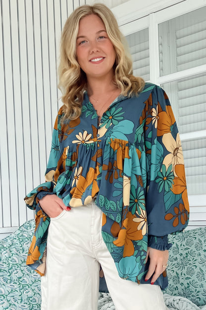 JAASE - Paloma Blouse: V Neckline Smock Top with Billowy Sleeves in Stevie Print
