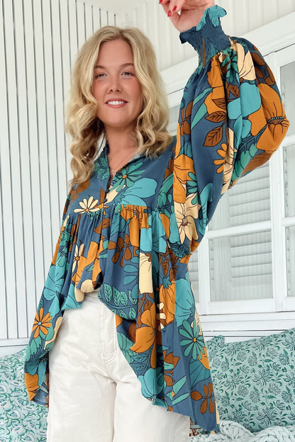 JAASE - Paloma Blouse: V Neckline Smock Top with Billowy Sleeves in Stevie Print