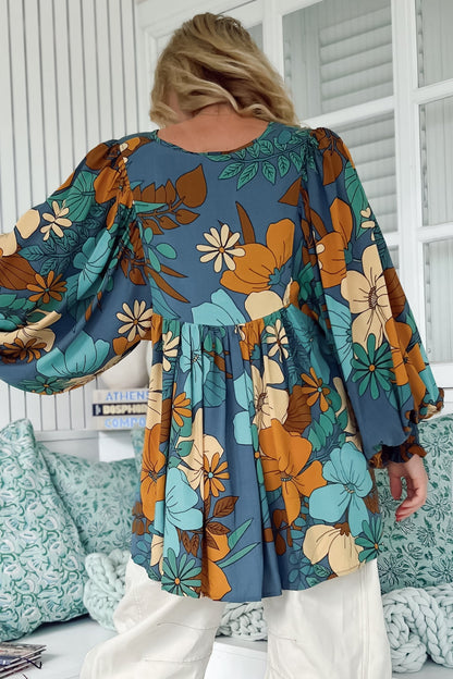 JAASE - Paloma Blouse: V Neckline Smock Top with Billowy Sleeves in Stevie Print