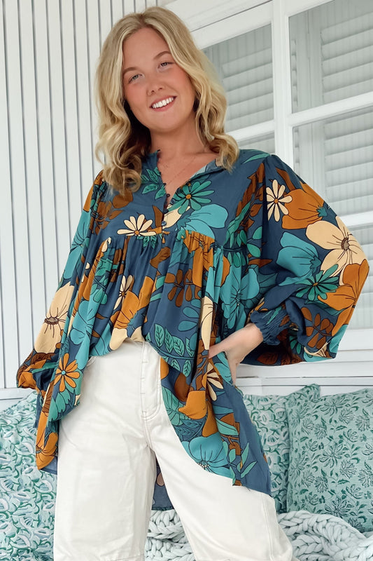 JAASE - Paloma Blouse: V Neckline Smock Top with Billowy Sleeves in Stevie Print
