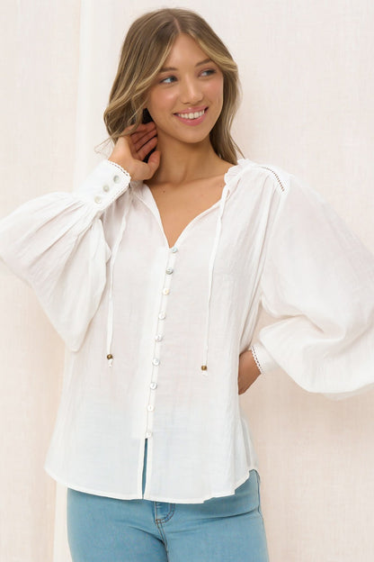 Perrio Blouse - Frill Collar Button Down Balloon Sleeve Blouse In White