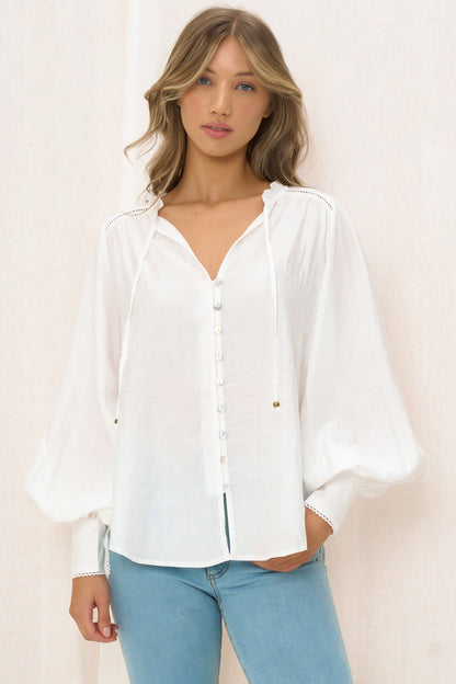 Perrio Blouse - Frill Collar Button Down Balloon Sleeve Blouse In White