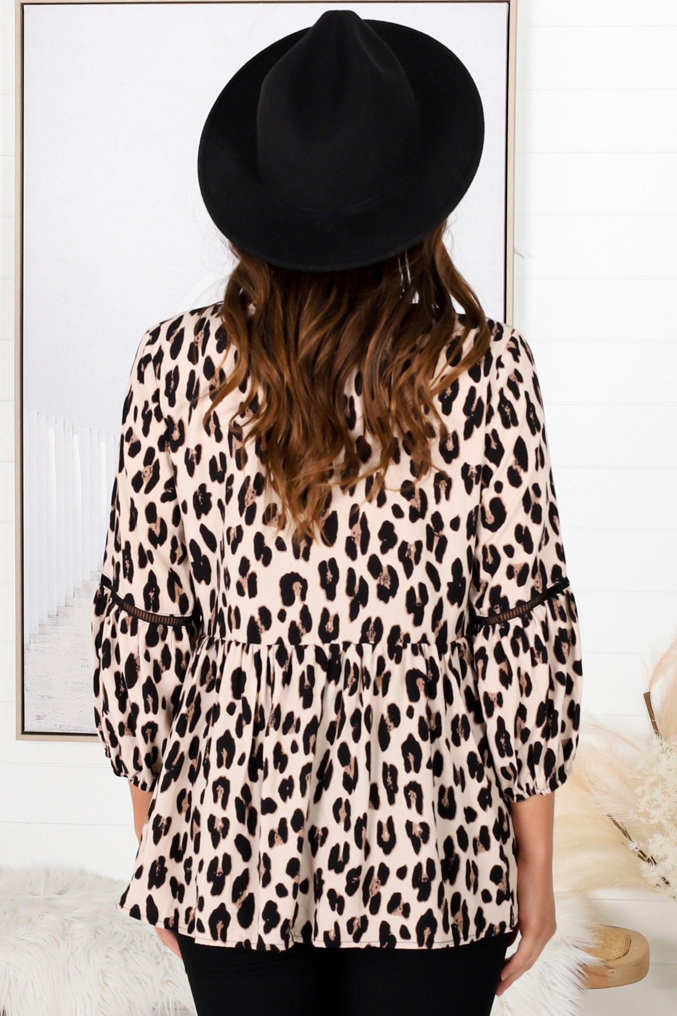 Dido Top - 3/4 Sleeve Smock Top with Lattice Inserts in Leopard