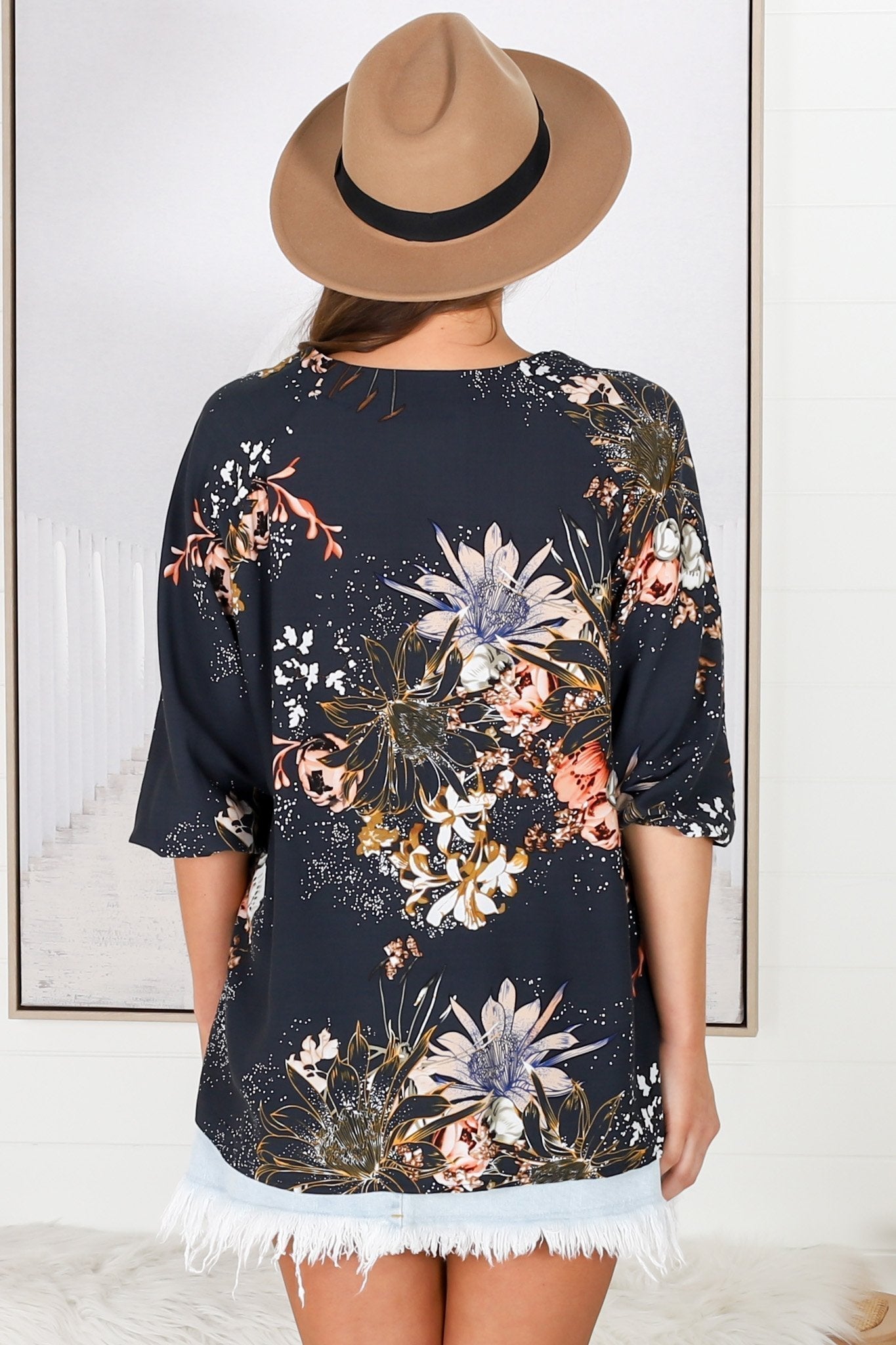 JAASE - Palas Top: V Neck Slouch Blouse with Criss Cross Bust Tie In Indigo Print