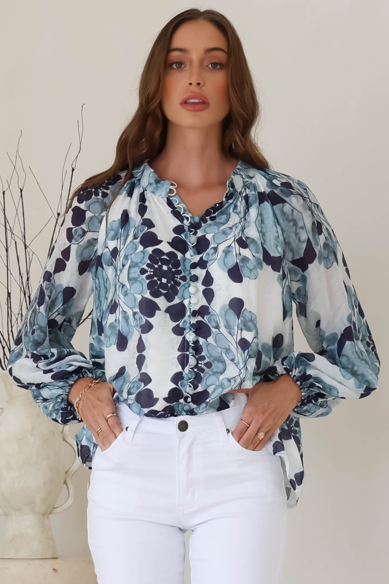 Portia Blouse - Button Down Lace Detail Shirt in Calea Blue Print