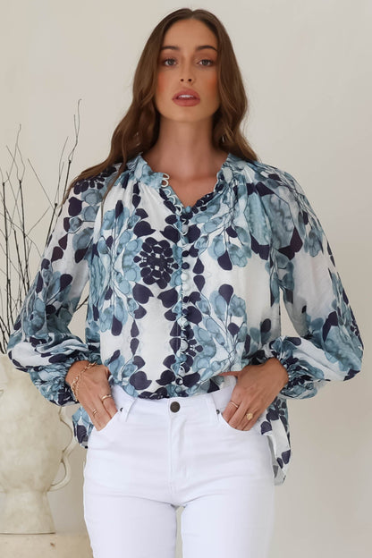 Portia Blouse - Button Down Lace Detail Shirt in Calea Blue Print