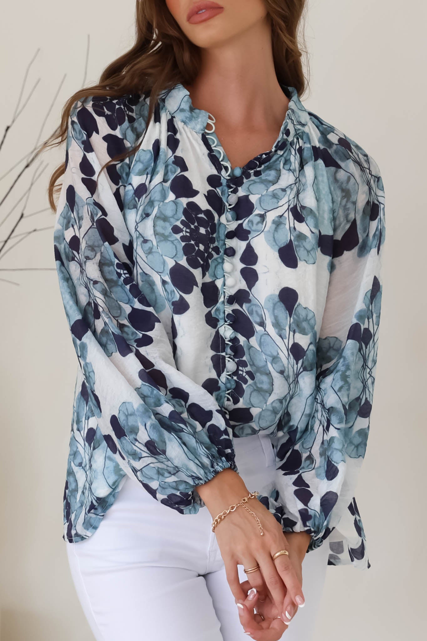 Portia Blouse - Button Down Lace Detail Shirt in Calea Blue Print