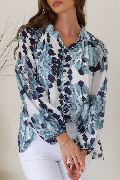 Portia Blouse - Button Down Lace Detail Shirt in Calea Blue Print