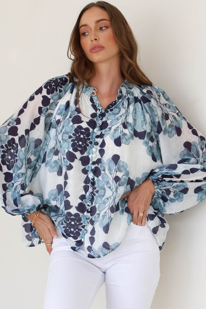 Portia Blouse - Button Down Lace Detail Shirt in Calea Blue Print