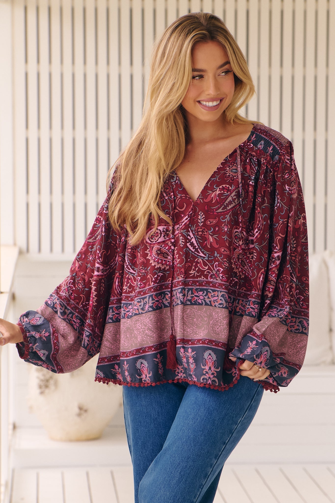 JAASE - Rue Top: V Neck Smock Top with Crochet Trim in Sadie Print