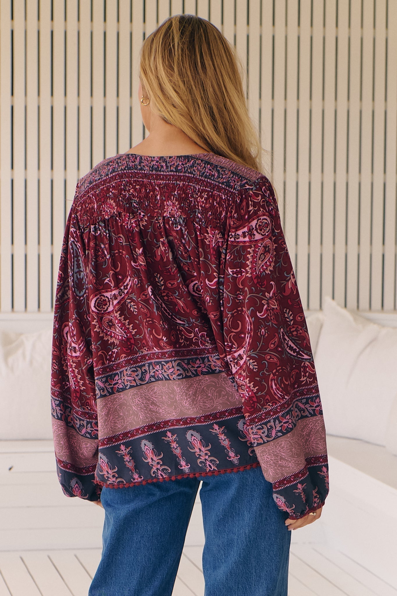 JAASE - Rue Top: V Neck Smock Top with Crochet Trim in Sadie Print