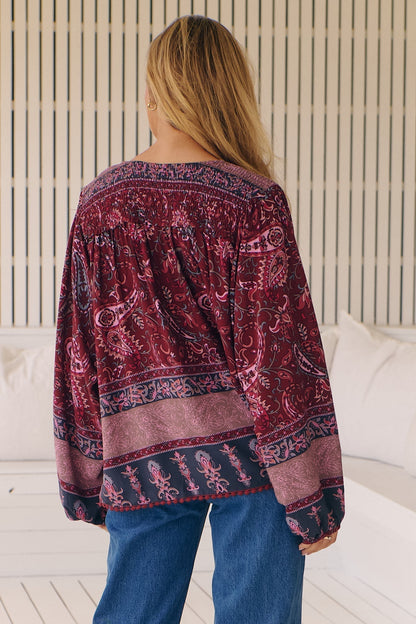 JAASE - Rue Top: V Neck Smock Top with Crochet Trim in Sadie Print