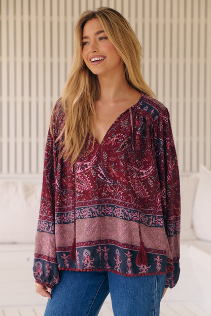 JAASE - Rue Top: V Neck Smock Top with Crochet Trim in Sadie Print