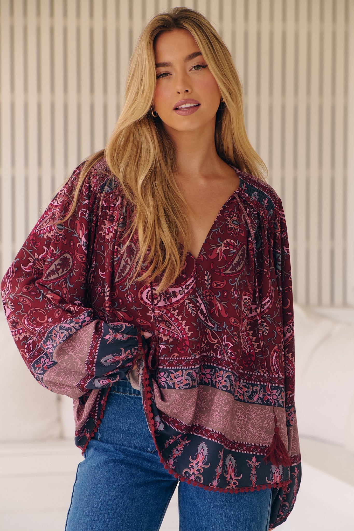 JAASE - Rue Top: V Neck Smock Top with Crochet Trim in Sadie Print