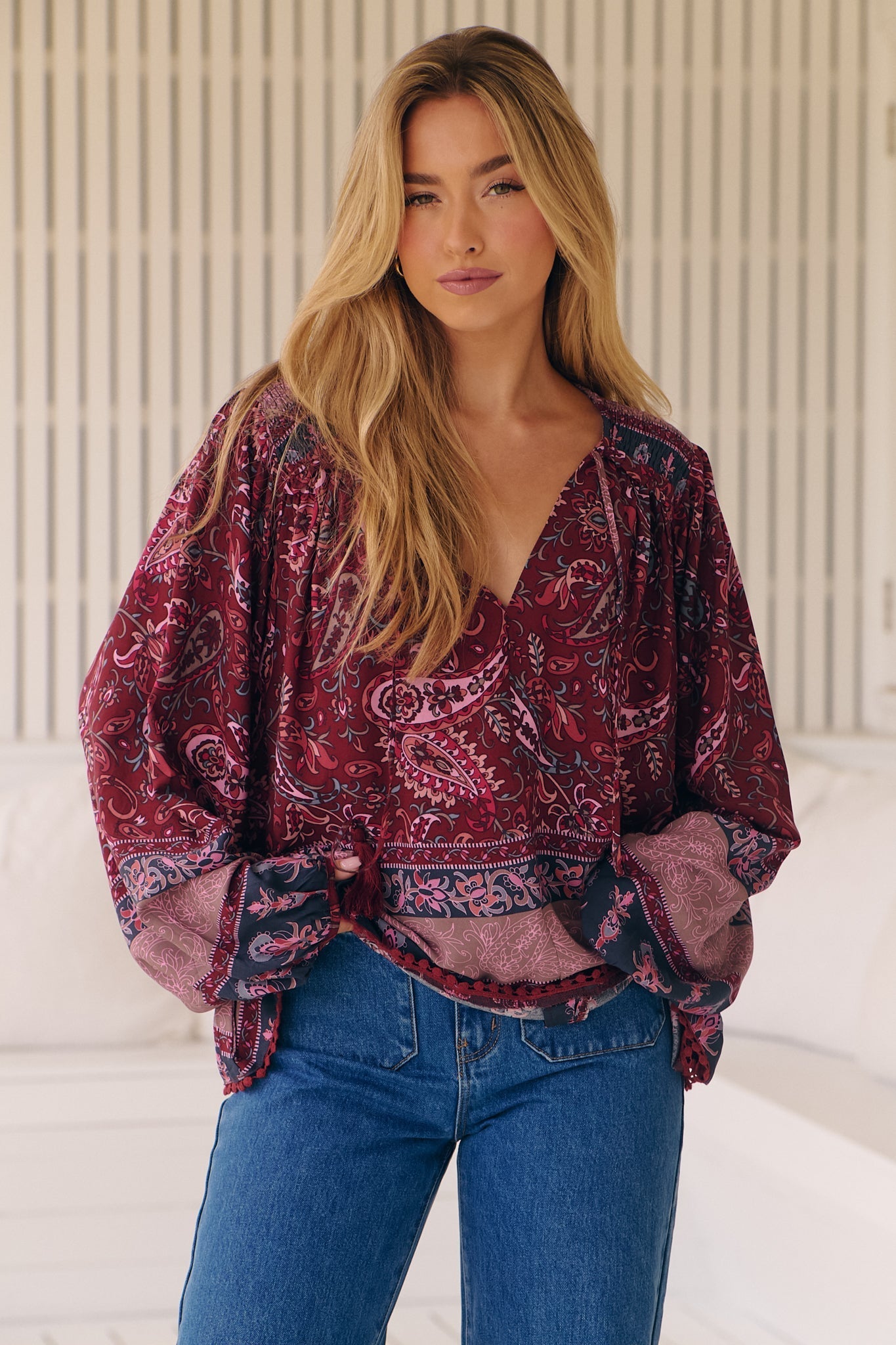 JAASE - Rue Top: V Neck Smock Top with Crochet Trim in Sadie Print