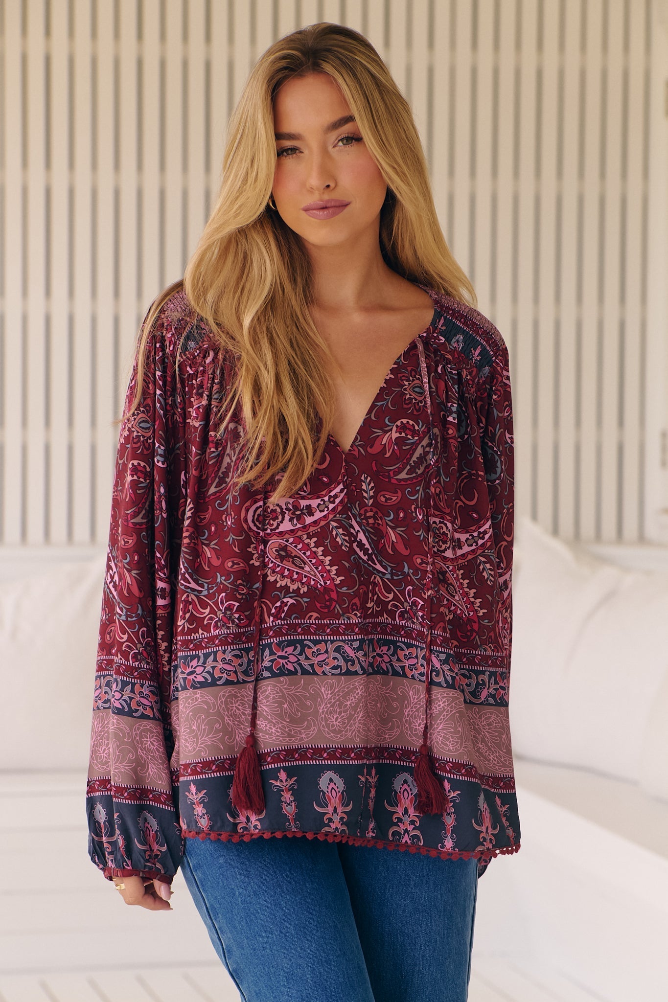 JAASE - Rue Top: V Neck Smock Top with Crochet Trim in Sadie Print