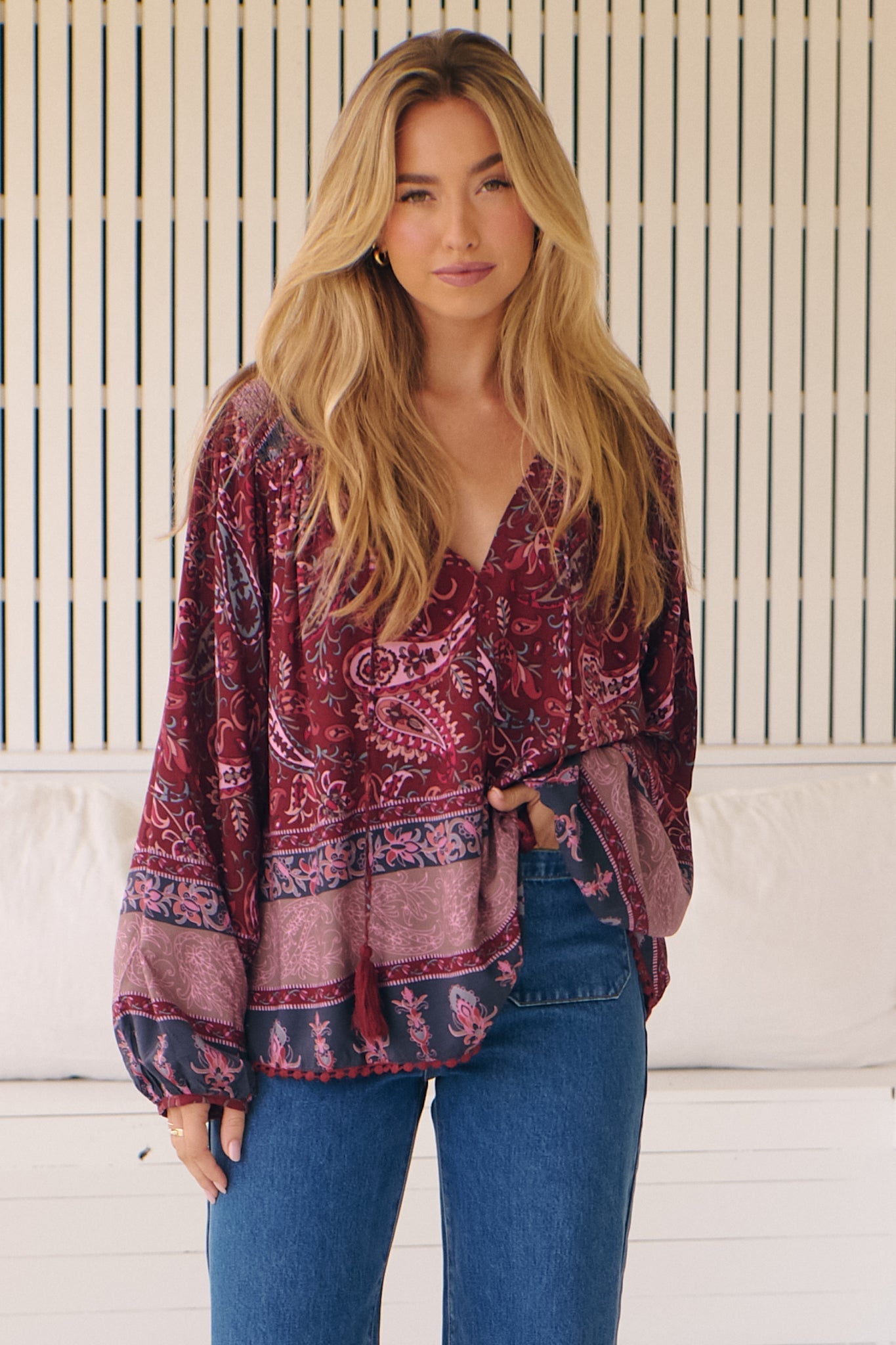 JAASE - Rue Top: V Neck Smock Top with Crochet Trim in Sadie Print