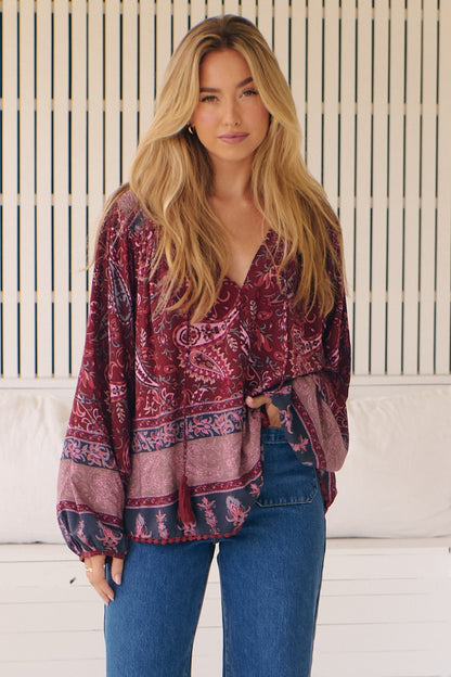 JAASE - Rue Top: V Neck Smock Top with Crochet Trim in Sadie Print