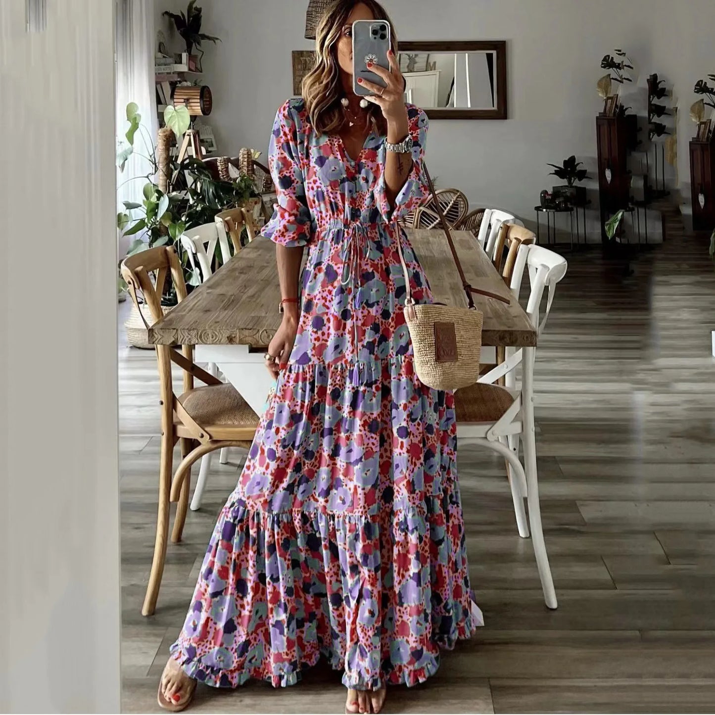 Liora | V-Neck Printed Swing Maxi Dress
