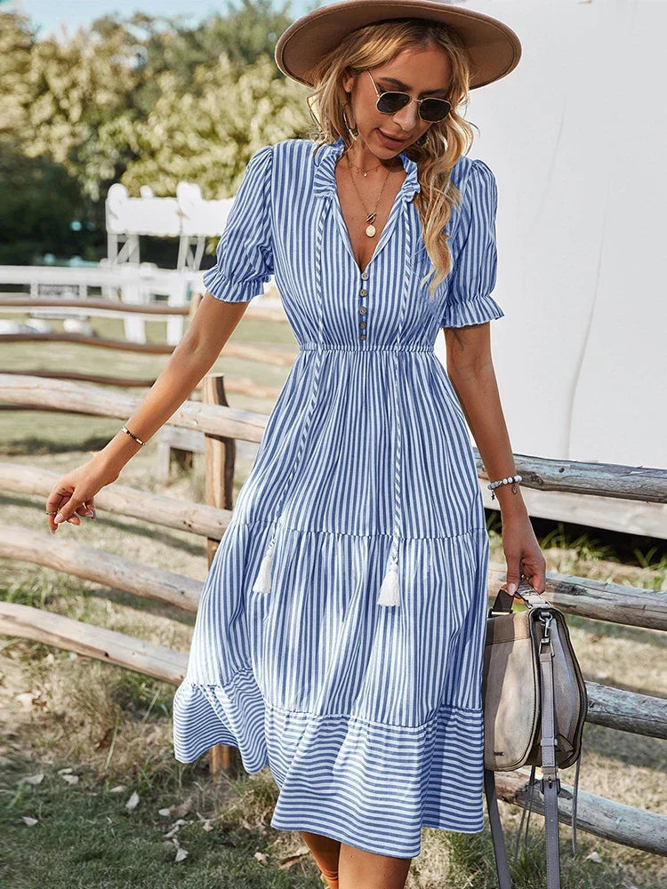 Maya | Striped Tassel V-Neck Dress