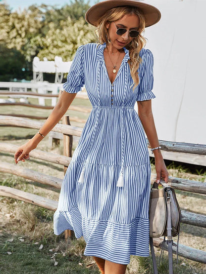Maya | Striped Tassel V-Neck Dress