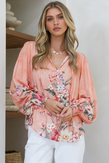 Violet Blouse - Frill Collar Button Down Balloon Sleeve Blouse In Evette Print