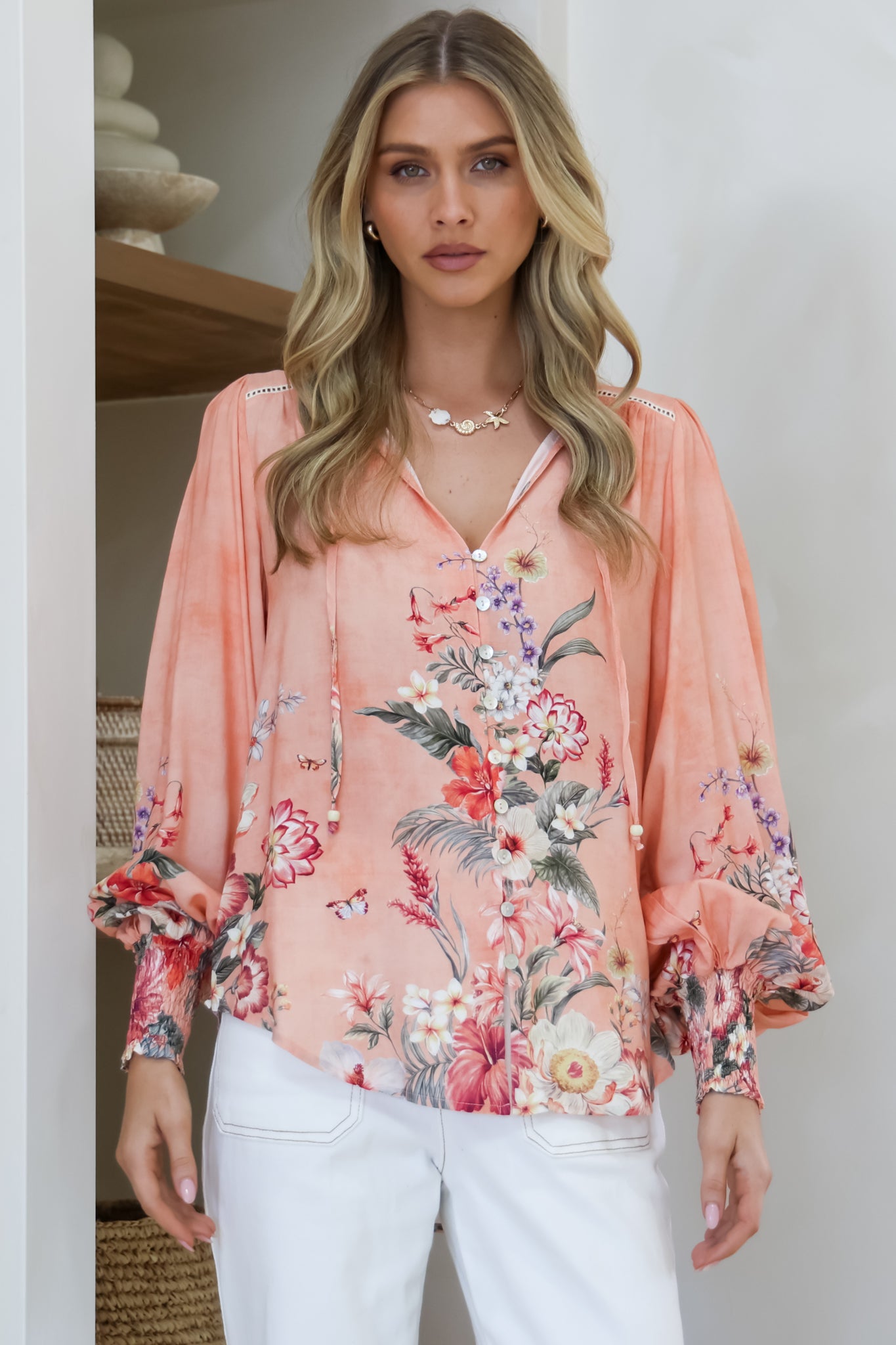 Violet Blouse - Frill Collar Button Down Balloon Sleeve Blouse In Evette Print