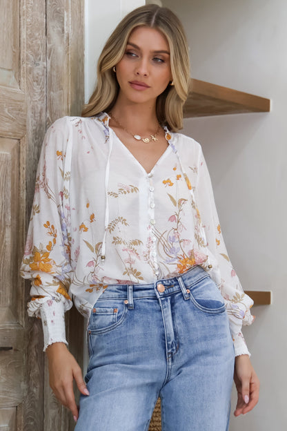 Violet Blouse - Frill Collar Button Down Balloon Sleeve Blouse In Sheree Print