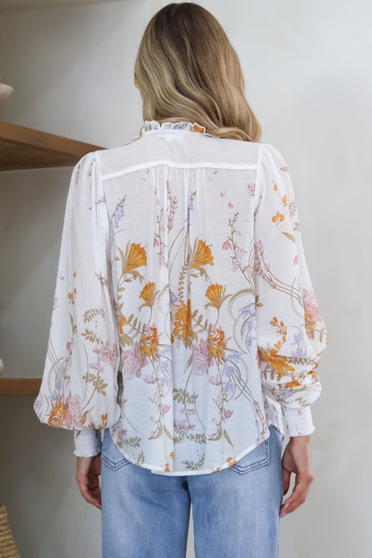 Violet Blouse - Frill Collar Button Down Balloon Sleeve Blouse In Sheree Print