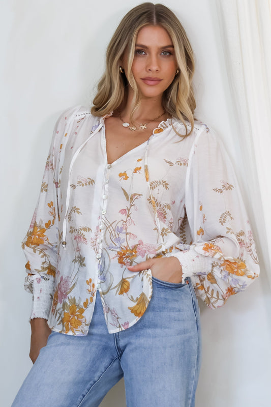Violet Blouse - Frill Collar Button Down Balloon Sleeve Blouse In Sheree Print