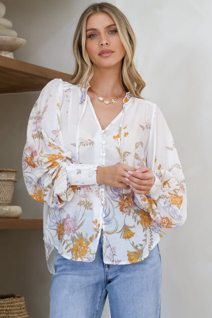 Violet Blouse - Frill Collar Button Down Balloon Sleeve Blouse In Sheree Print