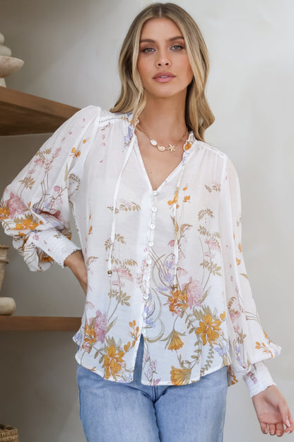 Violet Blouse - Frill Collar Button Down Balloon Sleeve Blouse In Sheree Print
