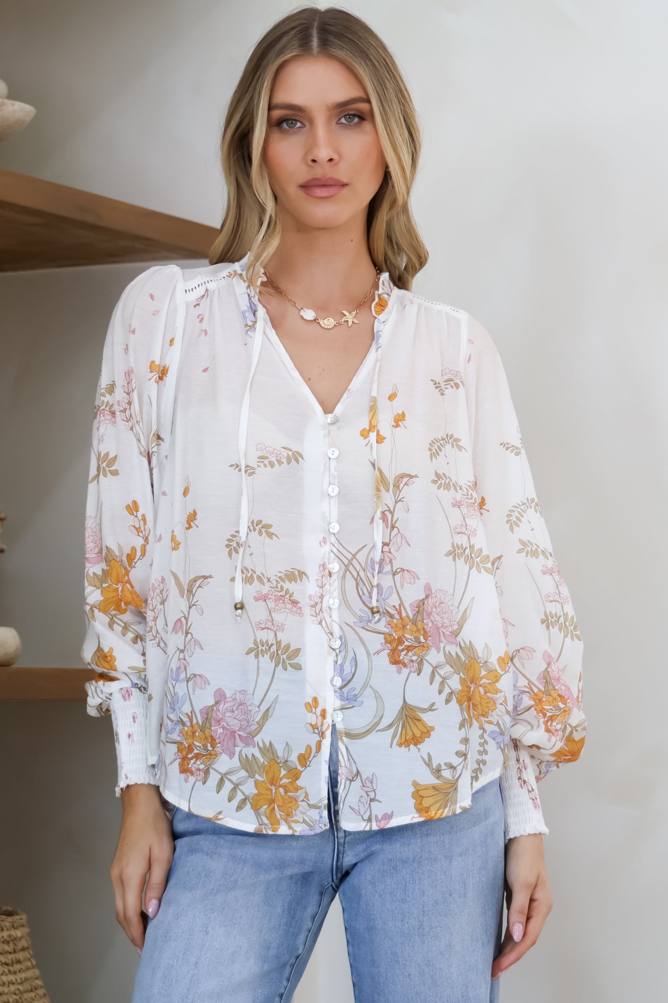 Violet Blouse - Frill Collar Button Down Balloon Sleeve Blouse In Sheree Print