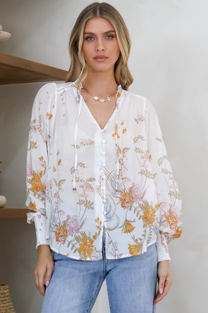 Violet Blouse - Frill Collar Button Down Balloon Sleeve Blouse In Sheree Print