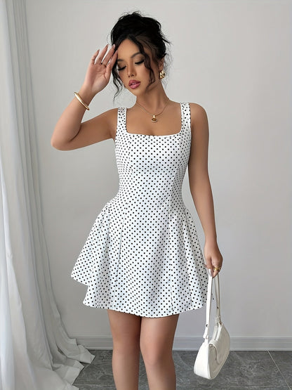 Elegant Short Dress with Polka Dots And a Square Neckline.